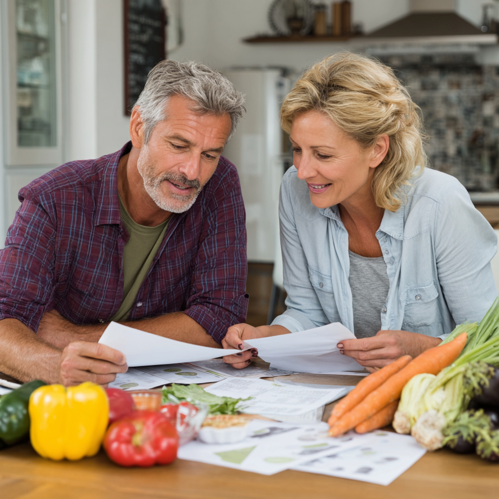 Middle-aged adults reviewing personalized meal plans together at home kitchen table