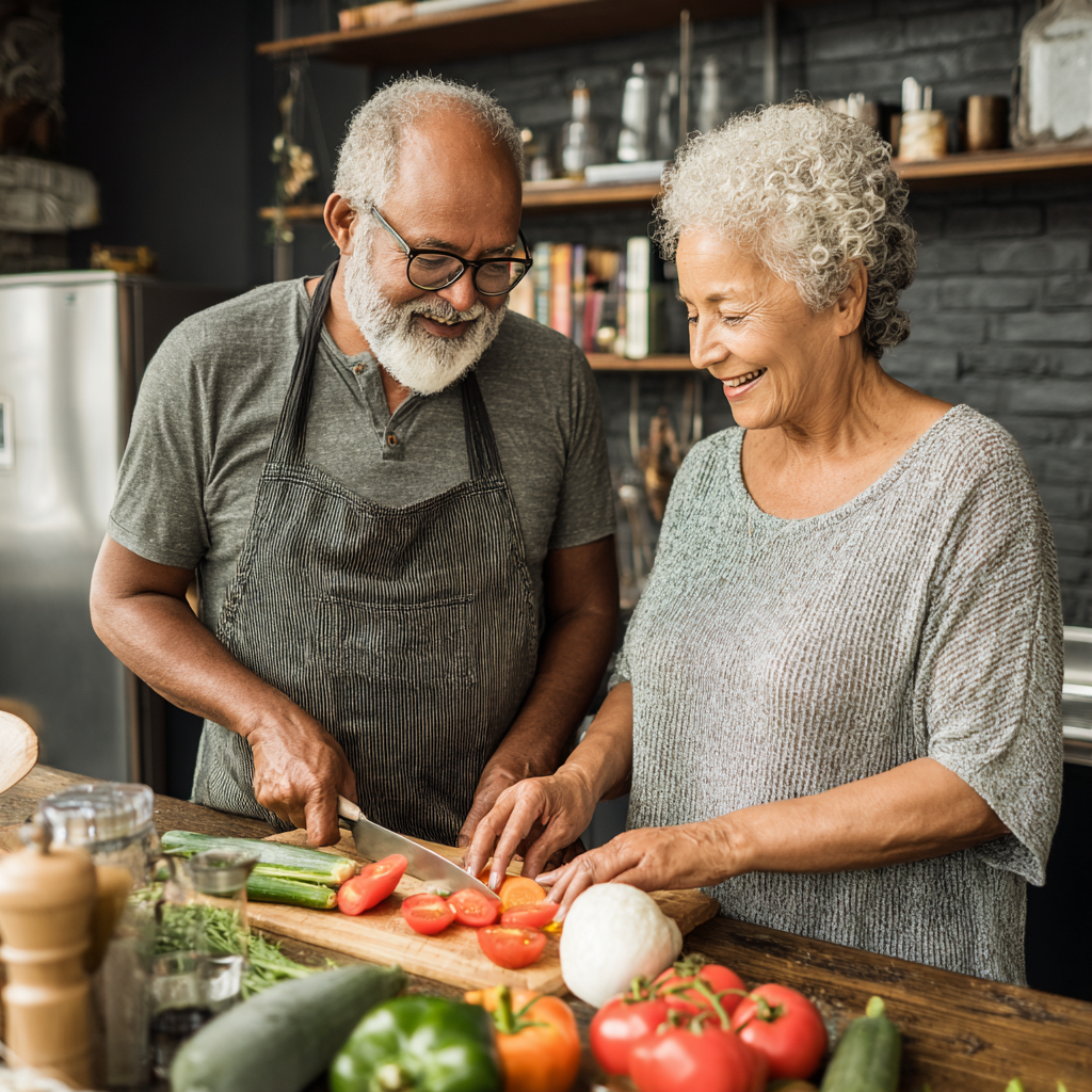 Older adults preparing healthy meal with fresh vegetables in modern kitchen environment